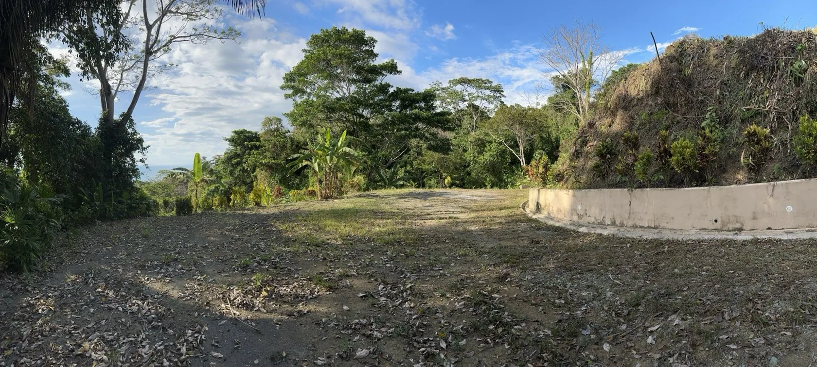 Build-ready terrace in Pavones with a concrete retaining wall, jungle and ocean beyond
